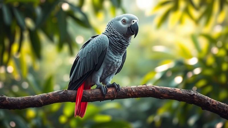 Perroquet Gris du Gabon sur une branche.